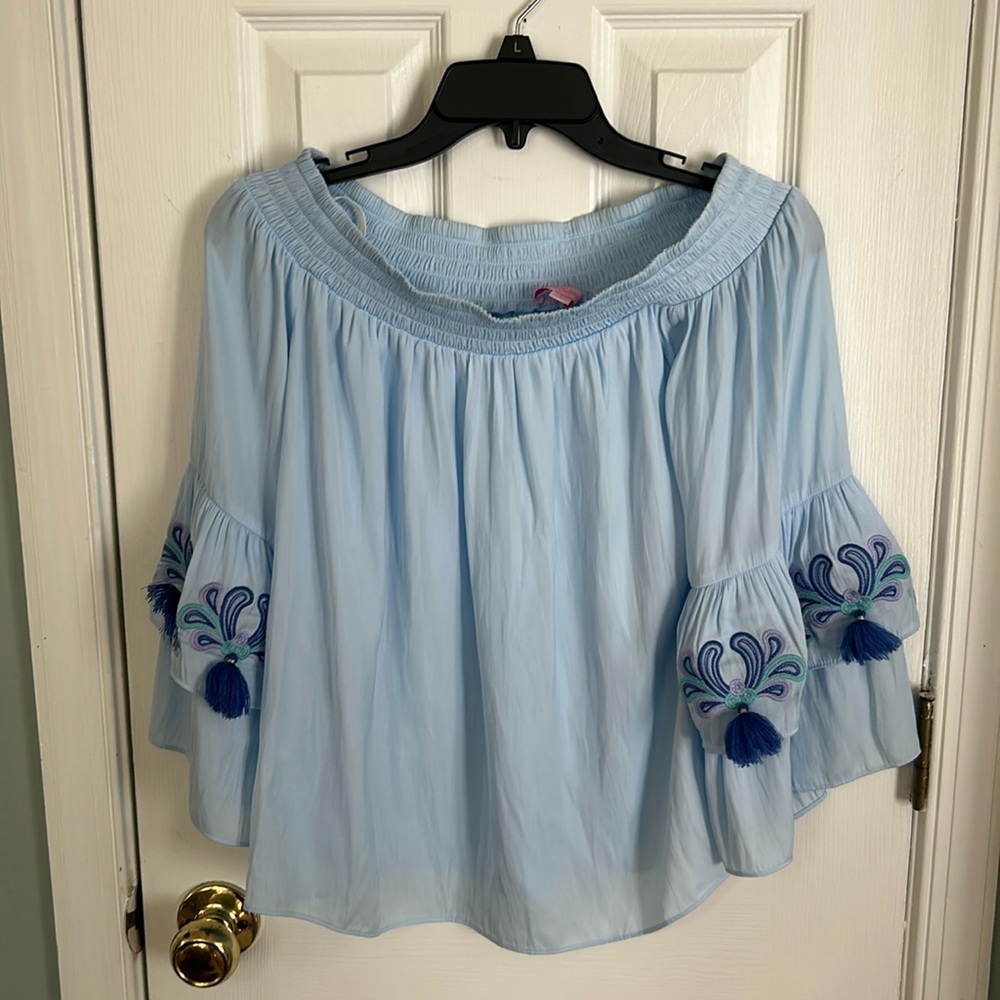 Lilly Pulitzer S Blue Purple Tobyn Off The Shoulder Boho Shirt Top